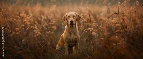 Amidst The Tranquil Embrace Of A Nature Meadow, A Happy, Smiling Dog Pants With Unrestrained Joy, Its Playful Spirit Alive photo