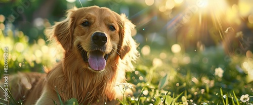 Amidst The Tranquil Embrace Of A Nature Meadow, A Happy, Smiling Dog Pants With Unrestrained Joy, Its Playful Spirit Alive photo