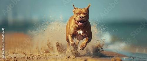 An Active Pit Bull Terrier Races Across The Beach, The Expansive Sea Providing A Stunning Backdrop To Its Boundless Energy photo