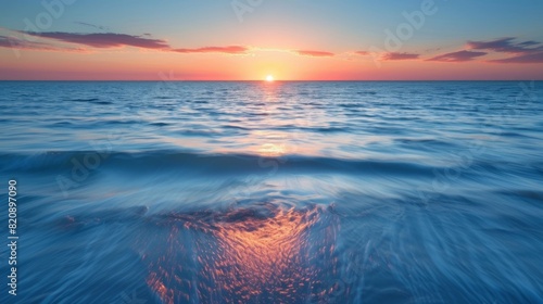 A peaceful scene featuring a sun setting over the ocean with colorful skies and calm waters