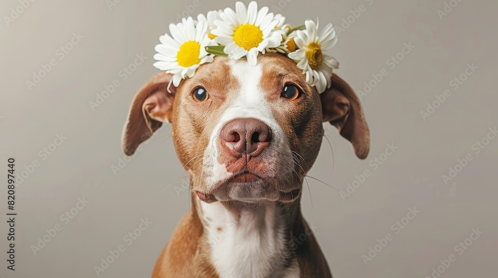 A beautiful pit bull terrier with a wreath of daisies on its head is looking at the camera
