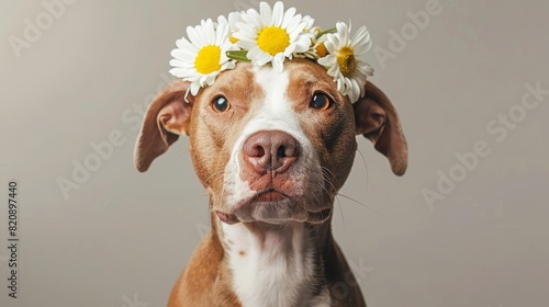 A beautiful pit bull terrier with a wreath of daisies on its head is looking at the camera