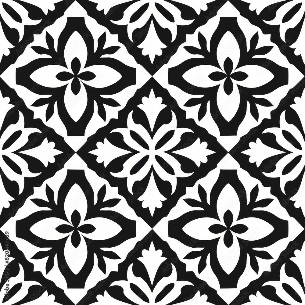 Fototapeta premium Ornate Floral Black and White Tile Pattern