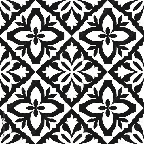 Ornate Floral Black and White Tile Pattern