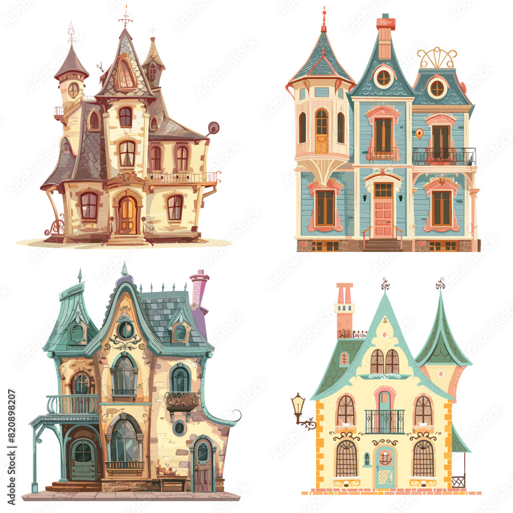 Whimsical watercolor illustrations of fairytale houses with fantasy architecture, intricate details, and charming pastel colors. Perfect for storybooks, home decor, fantasy art, and creative projects. Whimsical watercolor illustrations of fairytale houses with fantasy architecture, intricate details, and charming pastel colors. Perfect for storybooks, home decor, fantasy art, and creative projects.