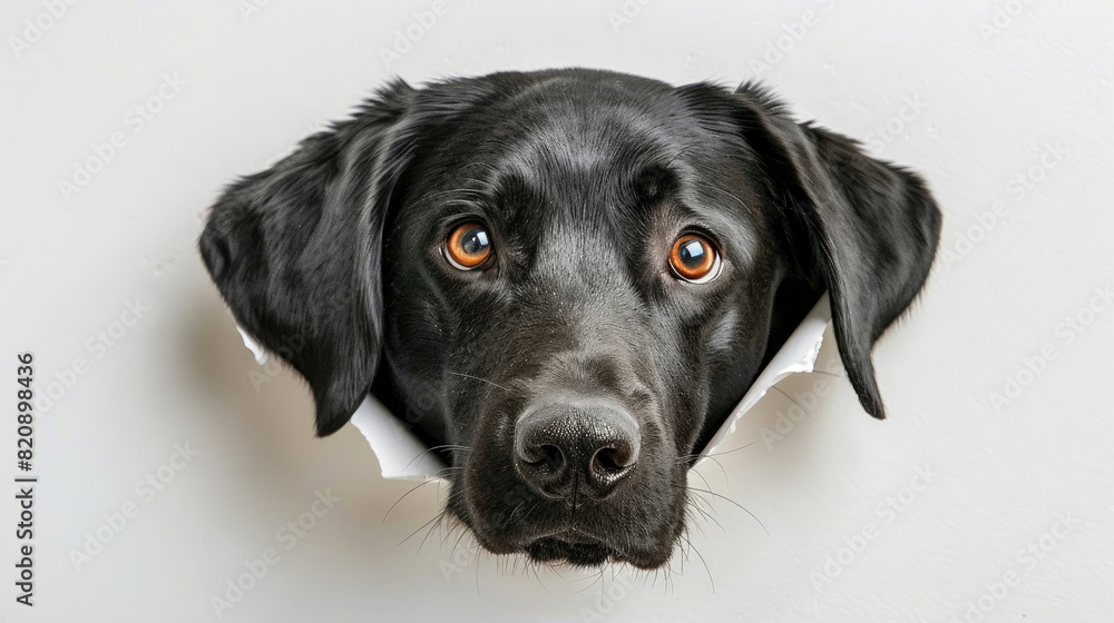 Adorable black Labrador Retriever dog sticking its head out of hole in white paper isolated on plain white background