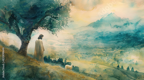 A gentle portrayal of Jesus as the Good Shepherd, with soft pastel watercolors in a peaceful pastoral setting. photo