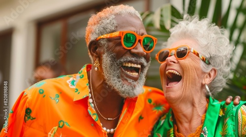 Two elderly friends laughing and wearing colorful clothing and sunglasses, radiating joy and friendship. Ideal for themes of senior lifestyle, joyful living