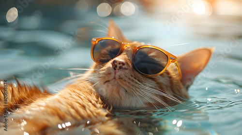 A cool ginger cat wearing sunglasses relaxes in the water, capturing a fun and playful summer vibe 