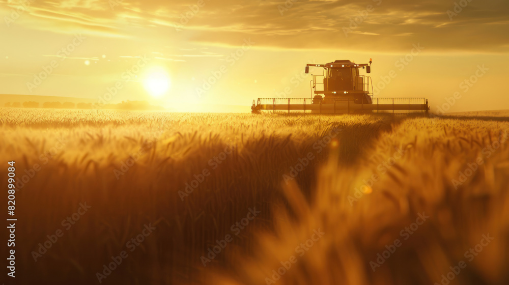 Fototapeta premium A harvester moving through a field of wheat at dusk, its silhouette casting long shadows, accompanied by a banner of infographics detailing the annual grain production and consumption rates.