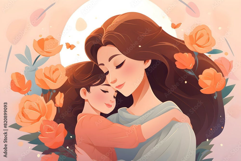 Mother hugs her daughter in flat style. Mother's Day greeting card. Mother hugs her daughter in flat style. Mother's Day greeting card.