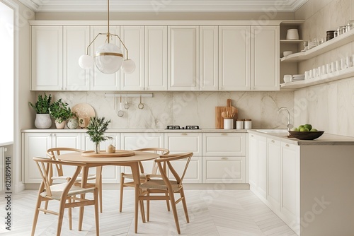 A scandinavian classic minimalist kitchen featuring white cabinets  a table  and chairs.