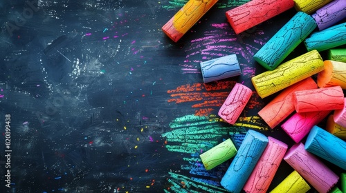 Colorful chalk pieces on a blackboard with vivid, creative doodles, evoking a playful and artistic mood. photo