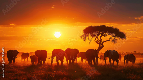 A herd of elephants roaming freely across the African savannah at sunset.