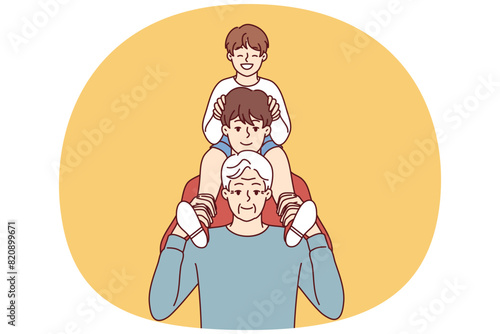 Men of different generations pose for family photo standing behind their father and smiling looking at screen. elderly man poses with son and grandson during celebration of fathers day