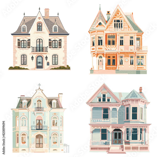 Watercolor illustrations of elegant Victorian and European-style houses with intricate architecture, pastel tones, and charming facades. Perfect for real estate, home decor, and artistic design projec