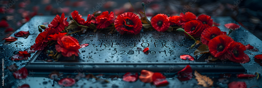 A close-up of a memorial plaque for a fallen soldier, adorned with red 