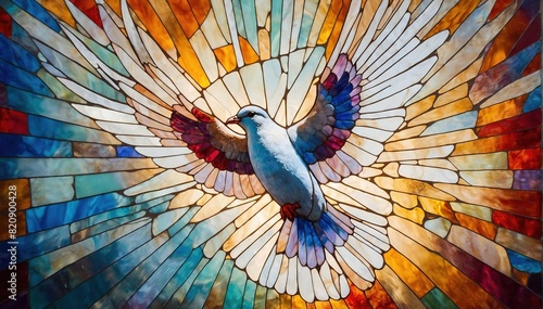 Vibrant stained glass The winged dove symbolises the Holy Spirit of the New Testament. photo