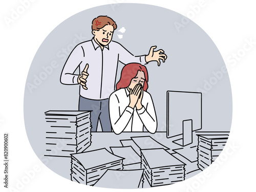 Angry boss scream at exhausted female employee overwhelmed with paperwork in office. Furious male employer yell at stressed worker at workplace. Vector illustration.