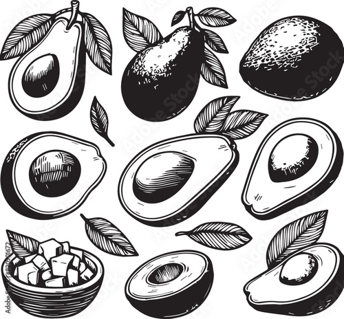 set of sliced avocado fruits and vegetables, leaf art set