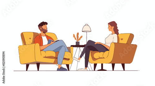 Man lying down on couch and female psychologist psych photo