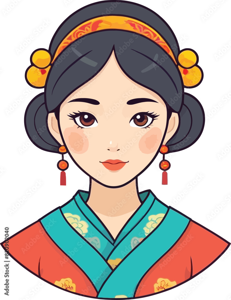 Chinese pretty girl in mandarin gown with Chinese New Year hand-drawn cartoon character sticker Chinese pretty girl in mandarin gown with Chinese New Year hand-drawn cartoon character sticker