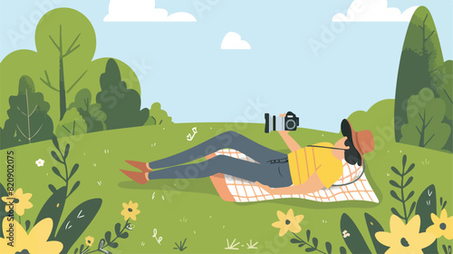 Man relaxing in nature alone. Person sleeping on blan photo