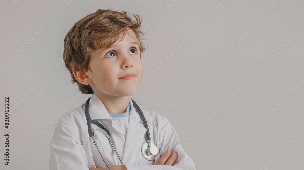 pose of happy little boy wearing white doctor coat and stethoscope with of crossed arms imagining something isolated on white background pose of happy little boy wearing white doctor coat and stethoscope with of crossed arms imagining something isolated on white background
