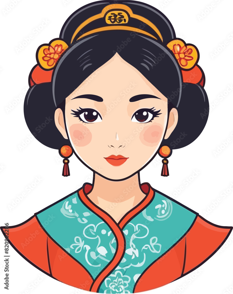 Chinese pretty girl in mandarin gown with Chinese New Year hand-drawn cartoon character sticker Chinese pretty girl in mandarin gown with Chinese New Year hand-drawn cartoon character sticker