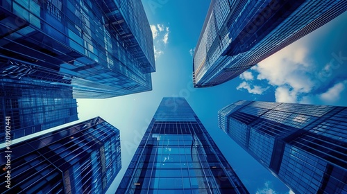 Photograph of urban corporate skyscrapers shot from below towards a blue sky  business inner city concept