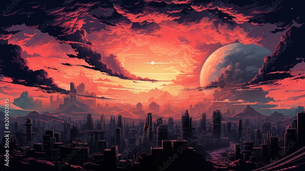 Dystopian Sunset Over a Futuristic Cityscape with Alien Planet Dystopian Sunset Over a Futuristic Cityscape with Alien Planet