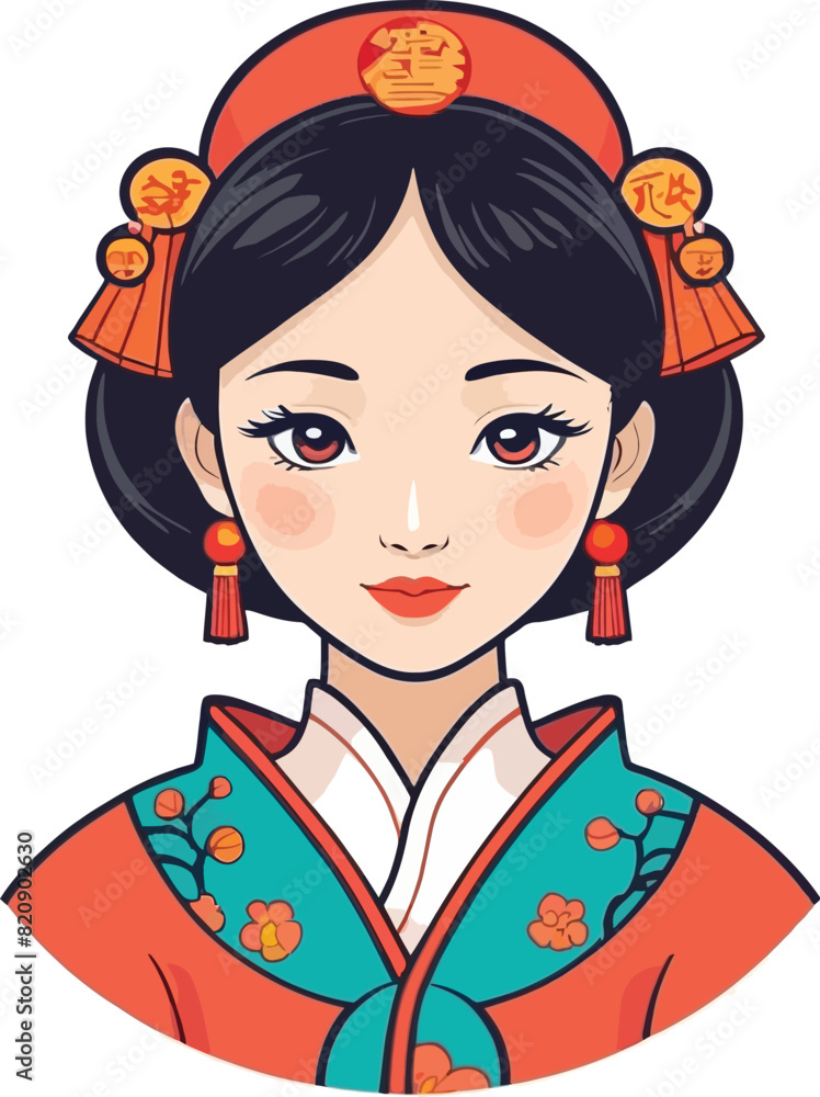 Chinese pretty girl in mandarin gown with Chinese New Year hand-drawn cartoon character sticker Chinese pretty girl in mandarin gown with Chinese New Year hand-drawn cartoon character sticker