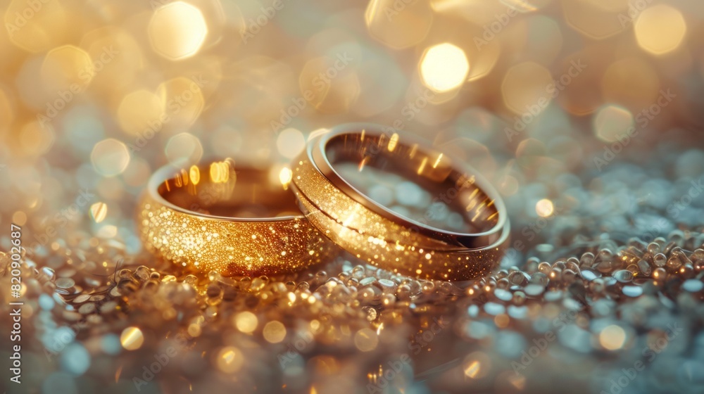 Elegant wedding rings with bokeh lights soft gold shine background. Elegant wedding rings with bokeh lights soft gold shine background.
