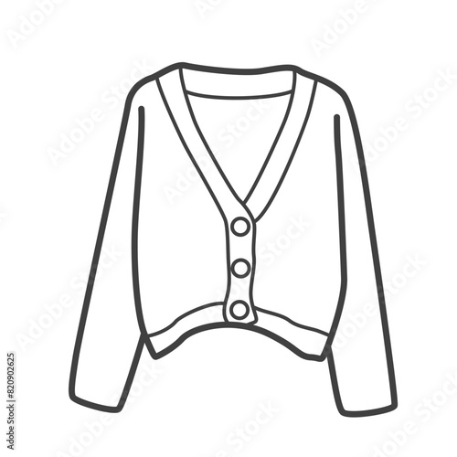 Linear icon of a cardigan. Simple black and white vector illustration of women's clothing in a minimalist line style. Perfect for fashion and apparel design projects.