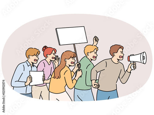 Furious people with megaphone and placards on street protest. Mad activists or volunteers protest and scream on demonstration. Vector illustration.