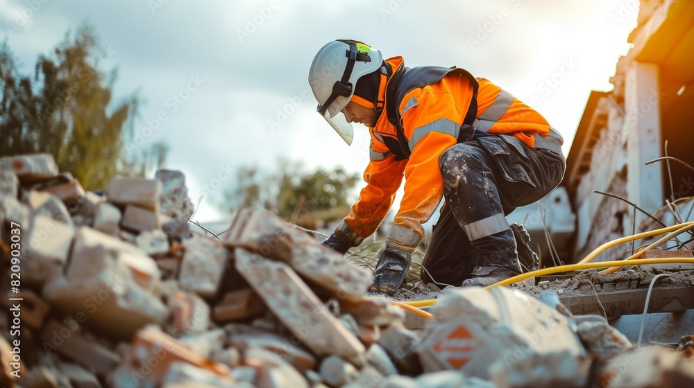 A rescuer is dismantling the ruins of a destroyed city after an earthquake. Rubble, ruins of residential buildings. A natural disaster, a shift of tectonic plates. A rescuer is dismantling the ruins of a destroyed city after an earthquake. Rubble, ruins of residential buildings. A natural disaster, a shift of tectonic plates.
