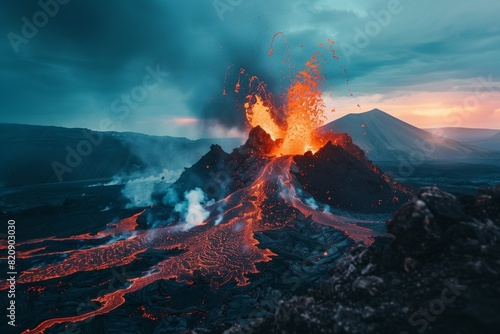 A landscape with a view of a volcanic eruption. A natural disaster. Fire in the mountains, explosion. The release of lava and smoke from a dormant volcano photo