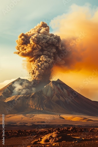 A landscape with a view of a volcanic eruption. A natural disaster. Fire in the mountains, explosion. The release of lava and smoke from a dormant volcano