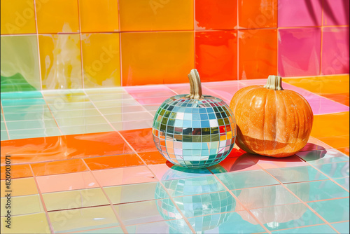 Fun silver ceramic metallic shiny disco ball pumpkin decor rainbow  square tile background for Halloween banner spooky empty mock up fall lux squash party concept creative ad campaign  photo