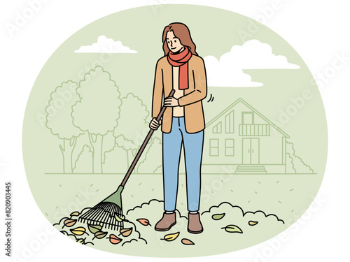 Woman with rake gathering leaves in street in autumn. Female in outerwear sweeping fallen leaves in fall. Vector illustration.