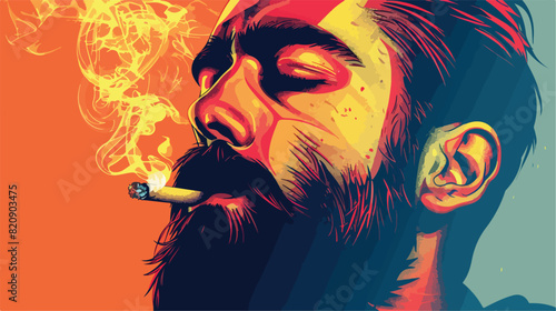 Man with a beard and mustache smoking cigarette. illustration