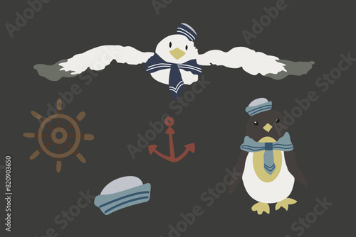 Cute Arctic animals set on a grey background. Cartoon flat otter, penguin, arctic polar bear, seagull. North nature fauna animals. Vector illustration in flat