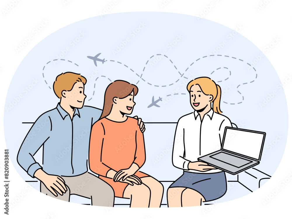 Smiling tour operator showing travel offer on laptop to excited couple clients. Happy agent recommend trip to customers in office. Tourism. Vector illustration. Smiling tour operator showing travel offer on laptop to excited couple clients. Happy agent recommend trip to customers in office. Tourism. Vector illustration.