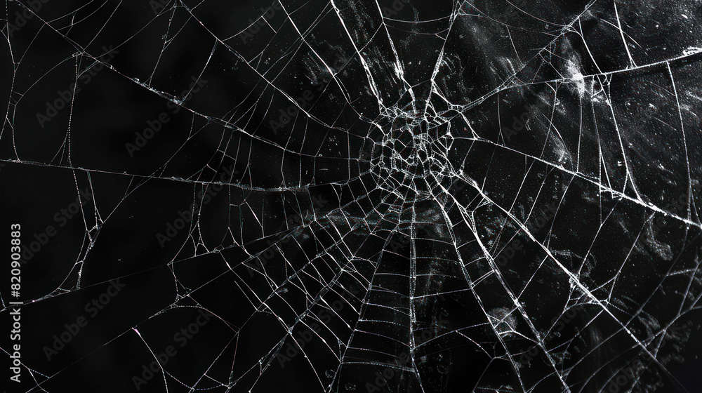 Abstract pattern of spider-web cracks emanating from a central hole in a pane of glass, showcased against a deep black backdrop. Abstract pattern of spider-web cracks emanating from a central hole in a pane of glass, showcased against a deep black backdrop.