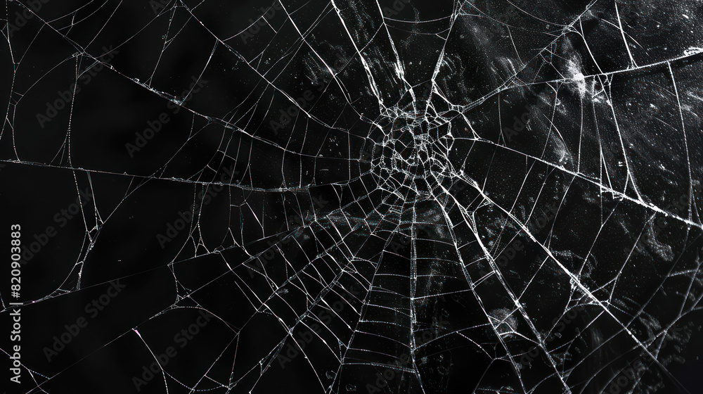 Abstract pattern of spider-web cracks emanating from a central hole in a pane of glass, showcased against a deep black backdrop.