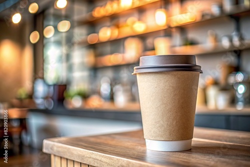 Eco-friendly disposable paper cup with takeaway coffee on the table on a blurred background of the coffee shop. A place for the text.