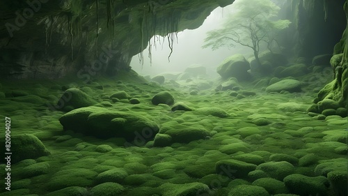Green  Imagine a lush  green moss-covered rock in a quiet  misty cave. Describe the velvety texture of the moss  the various shades of green  and the way the mist clings to the surface  creating a mys