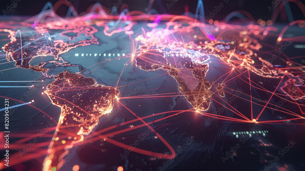 Abstract visualization of global trade with interconnected world map and shipping routes. Abstract visualization of global trade with interconnected world map and shipping routes.