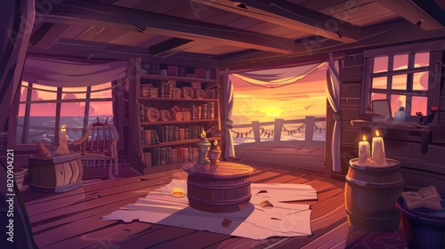 An old pirate ship at sunset in its captain's cabin. Table, treasure chest, barrels, candles, rum bottles, books, grobe and paper map, modern cartoon illustration. photo