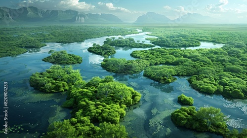 Breathtaking aerial view of serpentine rivers meandering through a dense emerald green wetlands environment